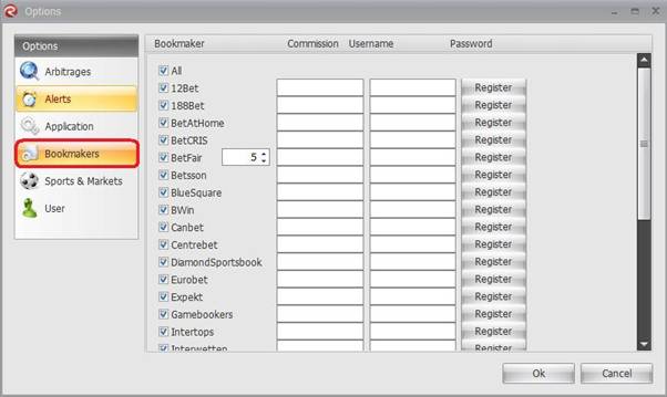 RebelBetting>オプション>ブックメーカーを選択