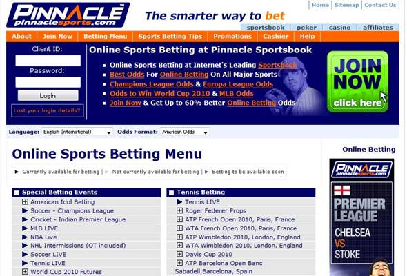 ブックメーカー”Pinnacle”のホームページ