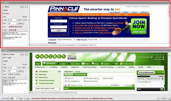 RebelBetting>Bet画面>ブックメーカー”Pinnacle”の表示されているフレームを選択