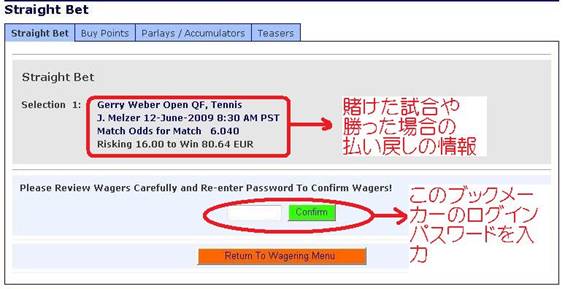 RebelBetting>Bet画面>ブックメーカー”Pinnacle”>賭けた試合や勝った場合の払い戻しなどの情報及び ログインパスワードの入力