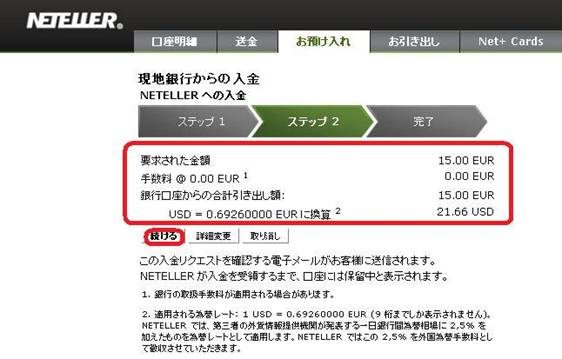 Neteller>Extended口座>お預け入れ>現地銀行からの入金>ステップ2 要求された金額 手数料、合計引き出し額