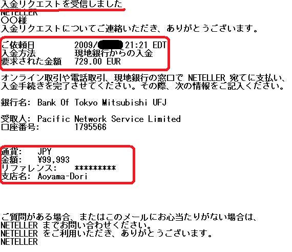 Netellerからの入金リクエスト詳細メール